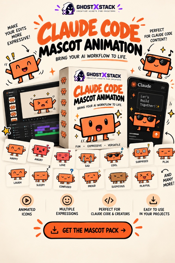 Claude Code Mascot Animation 3D Box Mockup and Expression Sheets